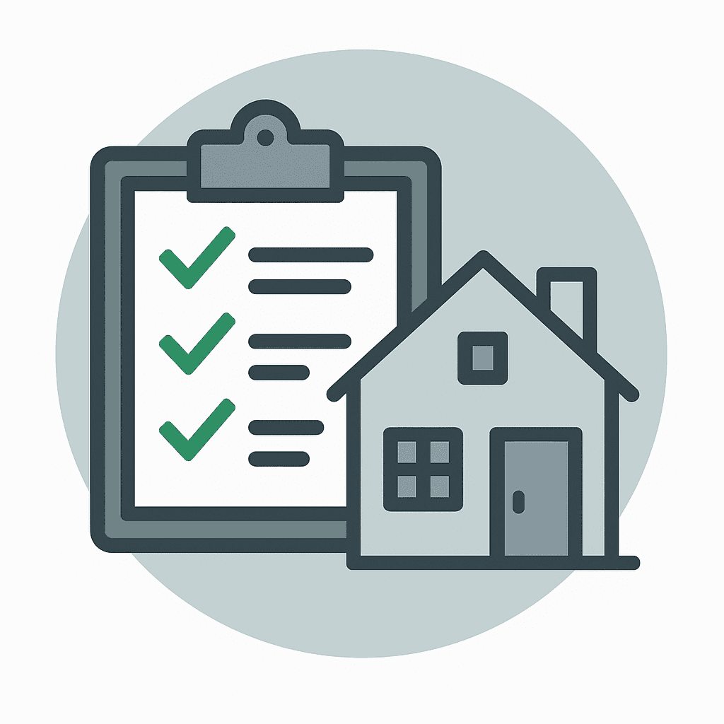 Flat design icon of a clipboard with checkmarks and a house, representing full property management services for short-term rentals.