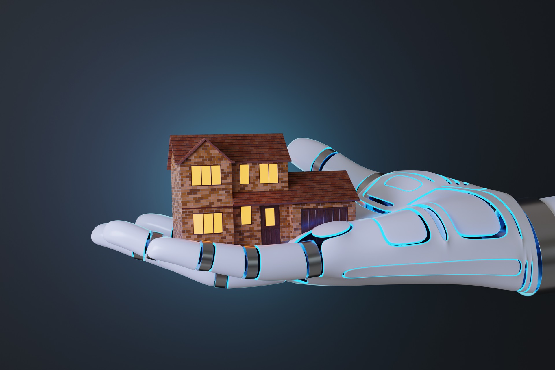 Robotic hand holding a red brick house on dark blue background. Illustration of the concept of artificial intelligence in investing and managing real estate